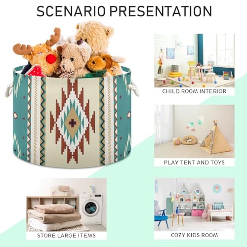 Teal Ethnic Aztec Print Round Storage Basket Retro Tribal Navajo Geometric Large Laundry Hamper 20 x 20 x 14 Inches Organizer Bin with Handles Clothes Storage Bag for Nursery Bedroom Living Room Decor - color: Teal