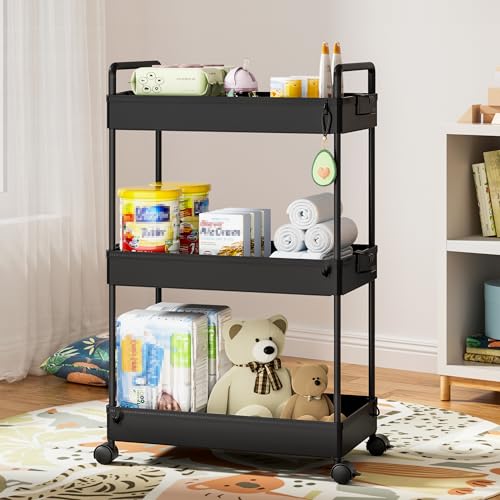 Ronlap 3 Tier Slim Rolling Storage Cart with Wheels Plastic Utility Cart Organizer for Snack Craft Art Postpartum Baby Diaper Nail Makeup in Bathroom Laundry Room Kitchen Bedside Narrow Space, Black - color: Black