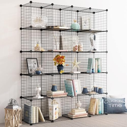 TUMUCUTE Wire Storage Cubes, Metal Storage Shelves Bookshelf, Stackable Modular Closet Organizer for Bedroom Living Room, Office, Black (20-Cube, Iron) - color: Iron, size: 20 Cubes