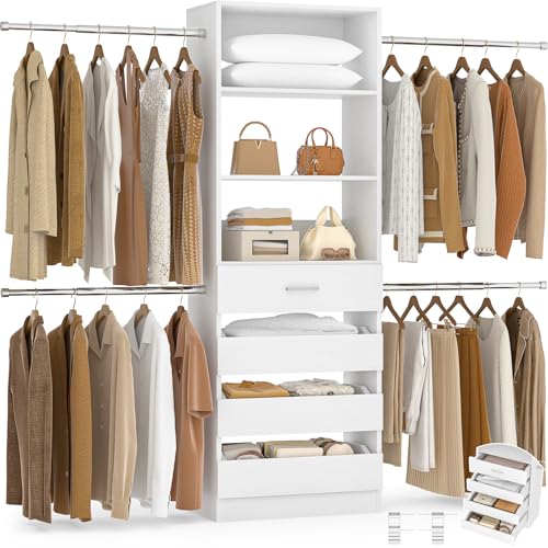 Aheaplus 4-9Ft Closet System, Closet Organizer with 4 Wooden Drawers, Wood Closet Organizer System with Tower, Walk-in Closet Organizer Wardrobe and Storage with 4 Hanging Rods, 11White - color: White-1Set