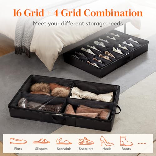 Lifewit Under Bed Shoe Storage Organizer 2 Pack(16 Shoes Cells+4 Boots Cells), 4.3 Inches Profile Fabric Shoes Container Box with Clear Cover, Foldable Storage Bag with 2 Handles, Fits 24 to 40 Pairs - style: 16 Shoes Cells+4 Boots Cells