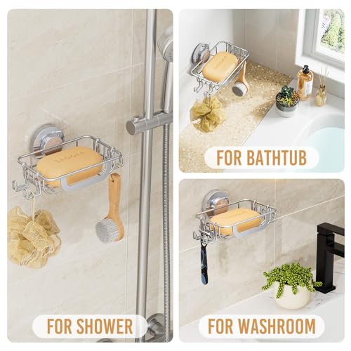 LEVERLOC Soap Holder Shower with Hooks, Bar Suction Cup Soap Dish Tray for Wall, Rust-Proof Stainless Steel Sponge Caddy for Bathroom Accessories Organizer Bathtub Kitchen Sink, Silver - style: 1 tier Silver