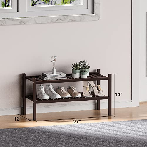 ROMGUAR CRAFT 2 Tier (Thick) Bamboo Shoe Rack for Closet Free Standing Wood Shoe Shelf for Entryway Small Space Stackable 27"x12"x14" (Black Brown) - color: Brown, size: 2 Tier(Thick)