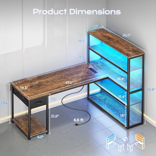 PRAISUN 57 Inch L Shaped Gaming Computer Desk with Larger Open Cabinet, Reverisble Office Desk with Power Outlets, LED Lights, Work Desk, Fabric Drawer, Adjustable Wood and Mesh Shelf, Rustic Brown - color: Rustic Brown