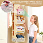Fabric 4 Tier Hanging Closet Organizer Heavy Duty Beige Shelf Hanging Storage Towel Clothes Sweater Jeans Bag Organizer For Closet For Bedroom, Dorm, RV, See Through Front Panel, Space-Saving