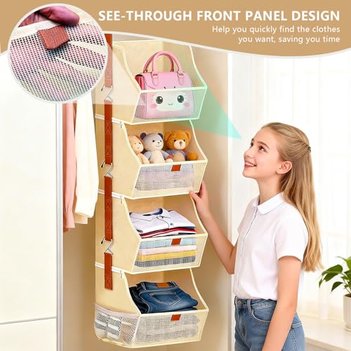Fabric 4 Tier Hanging Closet Organizer Heavy Duty Beige Shelf Hanging Storage Towel Clothes Sweater Jeans Bag Organizer For Closet For Bedroom, Dorm, RV, See Through Front Panel, Space-Saving
