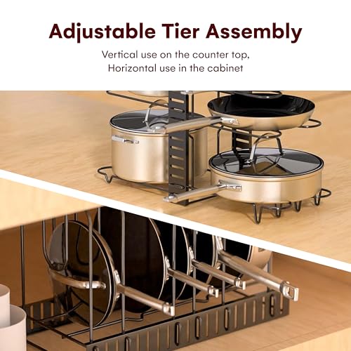 Vdomus Pot Rack Organizer with 3 DIY Methods, Black Metal Kitchen 8+ Pots Holder, Height and Position are Adjustable Cabinet Pantry Pot Lid Holder (Upgraded)