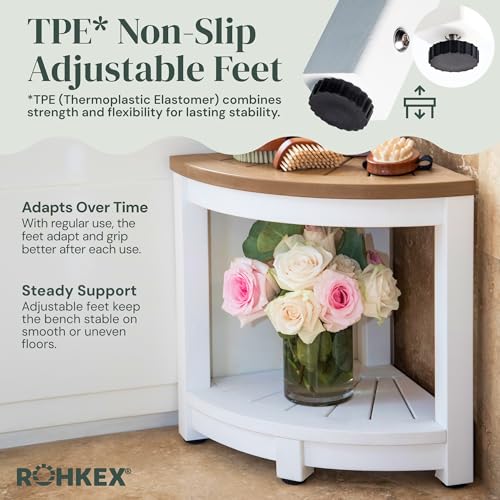 ROHKEX Waterproof Corner Shower Stool - Pack of 1, White & Brown - Stable Shaving Stool for Legs - Easy Assembly Plastic Shower Bench Seat - Non-Slip Feet, Gifts Idea for Home, Corner Bench Seat - color: White & Brown