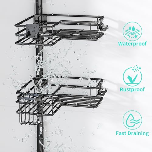 HapiRm Corner Shower Caddy Organizer - Shower Organizer Corner with Soap Holder, Toothbrush Holder and 4 Hooks, Rustproof Bathroom Shelf Tension Pole Available for 27.6 to 108.3 Inch - Black - color: Black