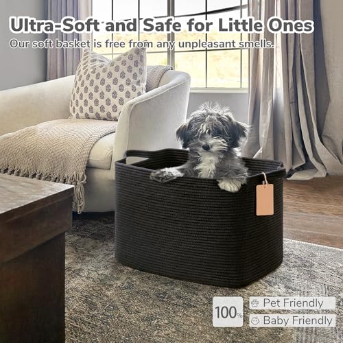 Goodpick Woven Storage Baskets for Organizing, 18" x 14" x 12" Rectangle Blanket Basket with Handles, Nursery Cotton Rope Basket for Living Room, Bedroom, Black - color: Black, size: 18"L x 14"W x 12"H