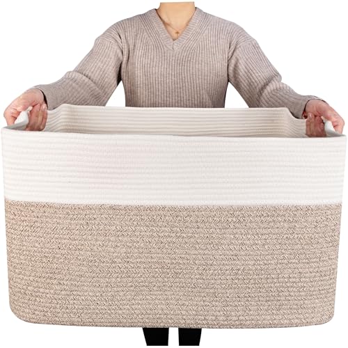 MINTWOOD Design 22in Extra Large Blanket Basket Holder Living Room, Rectangle Rope Woven Storage Basket with Handles for Laundry, Pool Towels, and Shoes, Dog Toy Organizer Bin Box, Light Brown - color: Light Brown