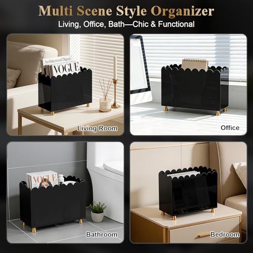 Acrylic Magazine Holder, Magazine Rack Floor,Sleek Black Stylish Organizer with Luxe Gold Metal Feet and Wave Edge Design Space Saving Storage for Books Newspapers Office Supplies,Home Office(Black) - color: Black