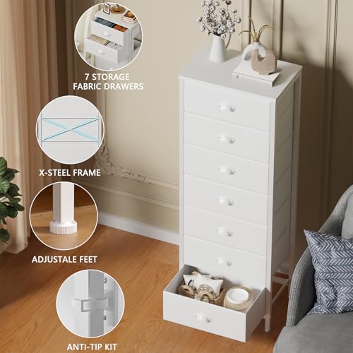 Furnulem White Tall Dresser for Bedroom with 7 Drawers, Vertical Chest of Drawer in Closet, Nightstand Storage Tower Unit Organizer with Fabric Bins for Dorm,Living Room,Entryway,Hallyway - color: White, size: 11.8"D x 15.8"W x 43.3"H (7 Drawers)