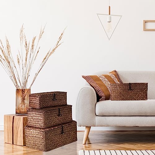 Woanger Set of 4 Wicker Storage Baskets Organizer，Handwoven Storage Bins with Lid for Organizing, Home Utility Box for Home Office Supplies Multipurpose Container(Coffee) - color: Coffee