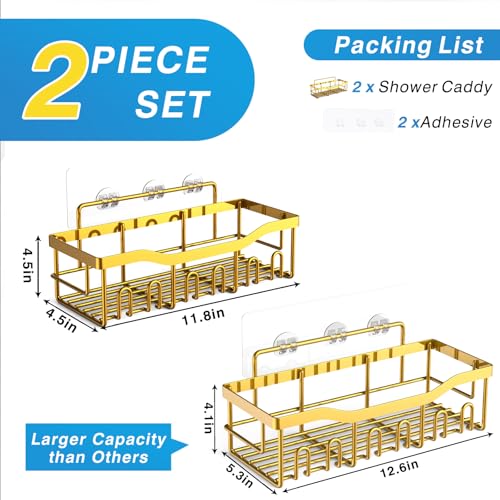 EUDELE Shower Caddy 2 Pack, Adhesive Organizer for Bathroom Storage, Home Decor & Kitchen, No Drilling, Rustproof Stainless Steel Shelf, Bathroom Decor Sets - color: Bright Gold
