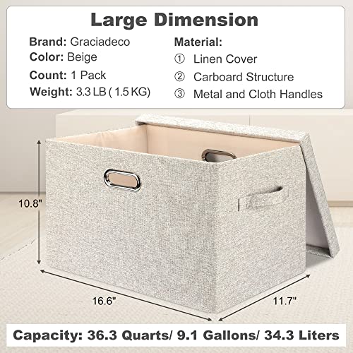 Graciadeco Large 17 36 Quart Collapsible Stackable Storage Bins with Lids, 1 Pack Beige Foldable Fabric Closet Storage Boxes with Lids, 4 Handles Toy Heavyduty Dark Gray Linen Storage Cube Box - color: Beige, size: Large -1 Pack