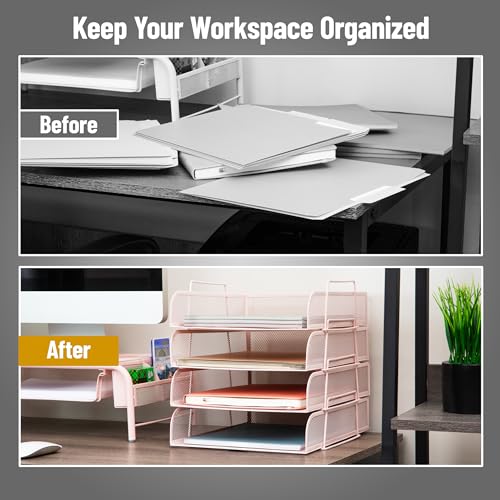 Mind Reader Stackable Paper Tray, Desktop Organizer, File Storage, Office, Metal Mesh, 10.5" L x 13.5" W x 11.25" H, 4 Pcs., Pink - color: Pink