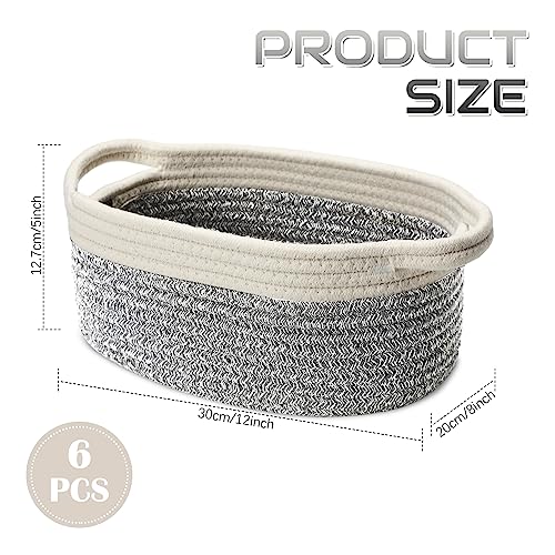 6 Pcs Small Woven Basket 12 x 8 x 5 Empty Gift, Cotton Rope Storage, Decorative Dog Cat, Cute Oval Basket for Bedroom Living Room Organizing(Gray) - color: Gray