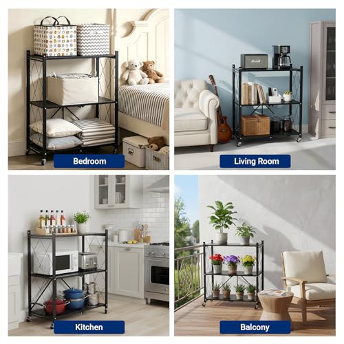 3 Tier Foldable Storage Shelves with Wheels, Metal Collapsible Organization Storage Rack, No Assembly Folding Bookshelf, Rolling Storage Rack for Kitchen, Bedroom, Pantry, Garage, Display, Black - size: 3-Tier