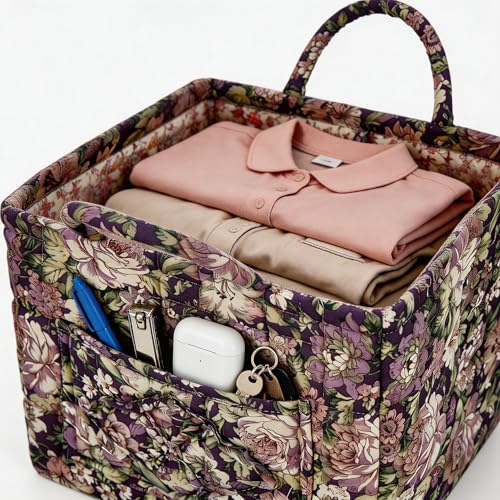 Quilted Laundry Basket with Handles - Multi-Purpose Fabric Storage Basket，Boho Fabric Storage Baskets with Handles for Car, Home & Nursery - Collapsible Square Organizer (Purple) - color: Purple