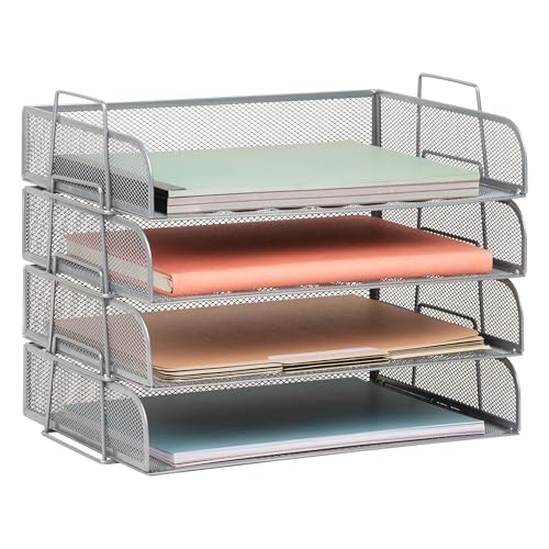 Mind Reader Stackable Paper Tray, Desktop Organizer, File Storage, Office, Metal Mesh, 4 Pcs., Silver - color: Silver, size: 13.3" x 9.8" x 11.3"