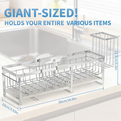Aurblozen Extra Large Extendable Sponge Holder for Kitchen Sink, Rustproof Sink Caddy Organizer with High Brush Holder, Dish Soap Dispenser Organizers and Storage (Stainless Steel) - color: Stainless Steel