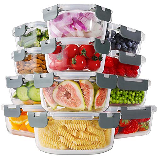 HOMBERKING 24pc Borosilicate Glass Food Storage Containers with Snap Locking Lids, Glass Meal Prep Containers, Airtight Lunch Boxes, Oven, Freezer and Dishwasher Safe, BPA Free, Kitchen Storage Set - color: Grey