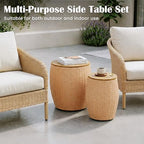 Sundale Outdoor Side Table Set of 2, Wicker Round Patio Barrel Side Tables with Storage Basket, Rattan End Table for Patio, Porch, Poolside, Garden Stool, Lounge Chair