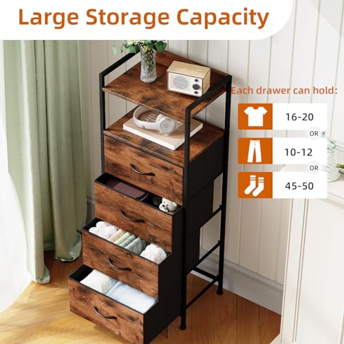 Somdot Nightstand with 4 Drawers, Vertical Storage Tower Fabric Dresser for Bedroom, Night Stand Bedside Table Furniture, Sturdy Steel Frame, Wooden Top & Easy Pull Fabric Bins, Wood Grain Print - color: Wood Grain Print, size: 11.4"D x 15.2"W x 36.3"H (4