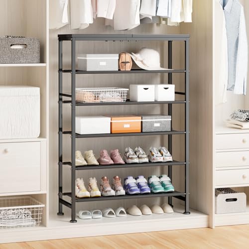 Mavivegue 6 Tier Shoe Rack Organizer, Metal Organizer Shelf with with MDF Top Panel and Layer Fabric, Shoe Rack for Front Door Entrance, Black & Rustic Brown - size: 6 Tier