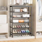 Mavivegue 6 Tier Shoe Rack Organizer, Metal Organizer Shelf with with MDF Top Panel and Layer Fabric, Shoe Rack for Front Door Entrance, Black & Rustic Brown - size: 6 Tier