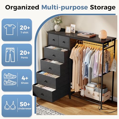 DUMOS Dresser for Bedroom with Hanging Rack, 6 Drawer Fabric Dresser with Charging Station and LED Lights, Closet Organizer & Storage Tower for Living Room, Entryway, Apartment, Grey - color: Grey, size: 15.8"D x 47.2"W x 49.2"H (6 Drawers)
