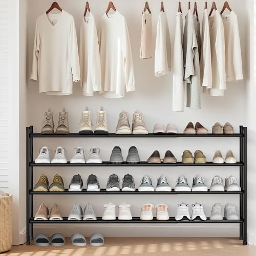 STORAGE MANIAC Long Expandable Shoe Rack, 24 Pairs Metal Wide Stackable Shoe Rack, Adjustable Shoes Shelf, Freestanding Shoes Organizer for Closet, Entryway, Hallway, Garage, Front Door, 4 Tiers - size: 4-tier