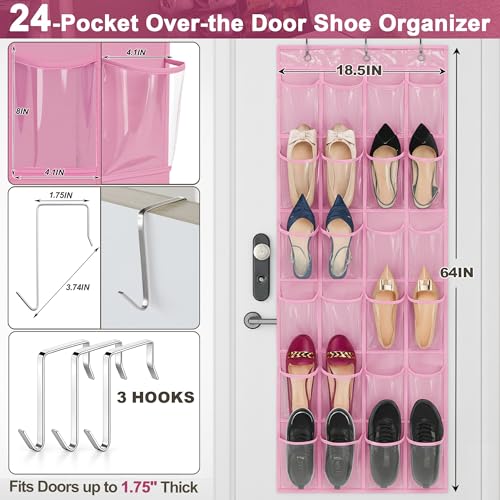 Over-the-Door Kids Shoe Organizer, Pink Shoe Rack for Door, 24 Crystal Clear Pockets, Heavy-Duty Hanging Organizer, 3 Metal Hooks for Toddler Shoes - color: Pink, size: 1pc