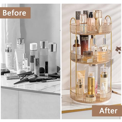 shuang qing Rotating Makeup Organizer for Vanity, High-Capacity Skincare Clear Make Up Storage Perfume Organizers Cosmetic Dresser Organizer Countertop 360 Spinning (Gold, 3 Tier) - color: Gold, size: Regular-3 Tier