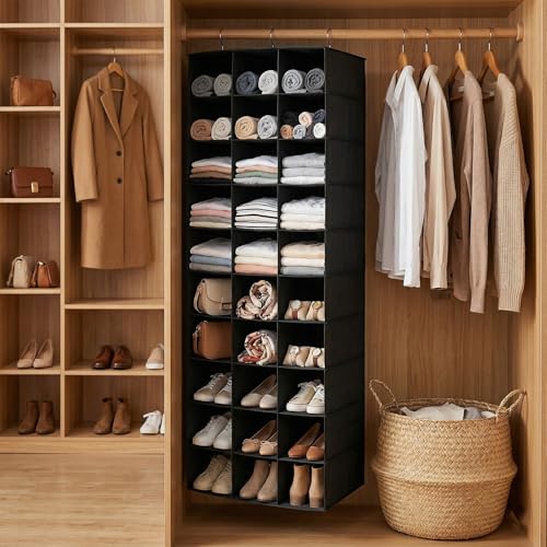 coastal rose Hanging Shoe Organizer for Closet, 30 Sections Hanging Closet Organizers and Storage Shelves, Space Saving Hanging Shoe Storage, Black, 17''W×11.5''Dx 48''H - color: Black