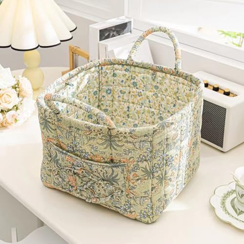 Boho Fabric Storage Basket, Boho Floral Laundry Baskets, Folding Bohemian Style Puffer Quilted Tote, Spring Vintage Storage Bag Organizer Large Capacity with Handle & Front Pocket - color: Light Green