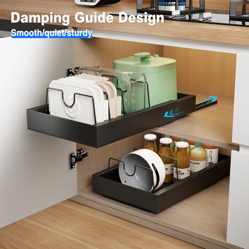 Mustorn 2 Pack Pull Out Cabinet Organizer with 8 Dividers,21.8" Deep Slide Out Drawers for Cabinets Adhesive Pull Out Drawers Heavy Duty Pull Out Shelves for Kitchen, Cupboard, Pantry, Bathroom-Black - color: Black, size: 21.8"D*12"W*2.95"H