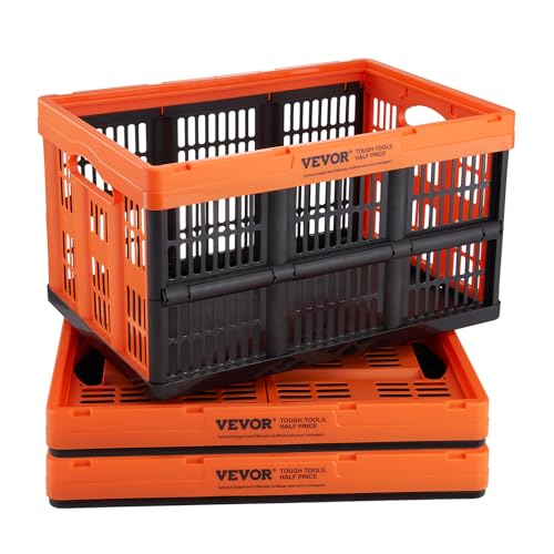 VEVOR Plastic Collapsible Storage Basket, 45L 3 Packs, Folding Stackable Storage Containers/Bins with Handles, Large Heavy Duty Containers for Clothes, Toys, Books, Snack, Shoes and Grocery Organizing - size: 45L-Orange&Black
