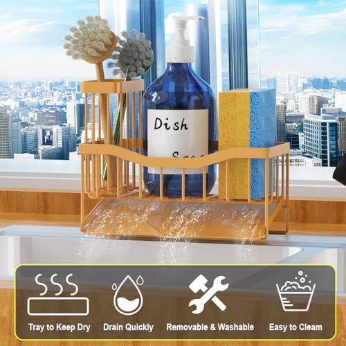Fssvcd Maifan Sink Caddy Sponge Holder for Kitchen with Brush Holder and Stainless Steel Self Drain Tray, Rustproof Kitchen Sink Organizer for Sponge, Soap Dispenser Storage Accessories - color: Dark Gold Yellow