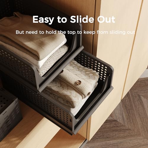 Pinkpum 5 Pack Folding Closet Organizers - Stackable Plastic Drawer Basket for Clothing, Shelf Storage Container for Closet, Wardrobe, Bedroom, Bathroom, Office (Black) - color: Black, size: 5 Pack L