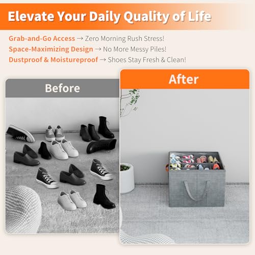 Aokeyee 2 Pack Shoe Organizer for Closet, Foldable Shoe Storage Organizer Box w/Clear Cover and 4 Reinforced Handles, Space Saving Shoes Bin Fits up to 32 Pairs, Grey - color: Grey, size: Fits up to 32 Pairs