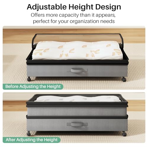 Kitstorack 4 Pack Height-adjustable Under Bed Storage with Wheels, Under Bed Storage Containers,Under Bed Shoe Storage Organizer with Clear Window&Label, Suitable for Clothes Storage, Gray - color: Grey, size: 4 Pack