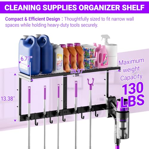 Heavy Duty Broom Holder Wall Mount with Cleaning Supplies Organizer, Space-Saving Laundry Room Organization and Storage Shelves, All-Metal Mop Hanger Broom Rack with Hooks, Garage Organizer Shelf - size: Medium-2