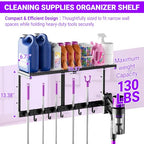 Heavy Duty Broom Holder Wall Mount with Cleaning Supplies Organizer, Space-Saving Laundry Room Organization and Storage Shelves, All-Metal Mop Hanger Broom Rack with Hooks, Garage Organizer Shelf - size: Medium-2