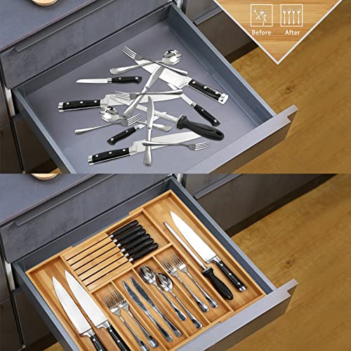 VaeFae Bamboo Silverware Drawer Organizer Kitchen, Expandable Utensil Organizer with Knife Block, Cutlery Tray with Divider, Multifunctional Drawer Organizer - color: Natural, size: Large - Expandable with Block