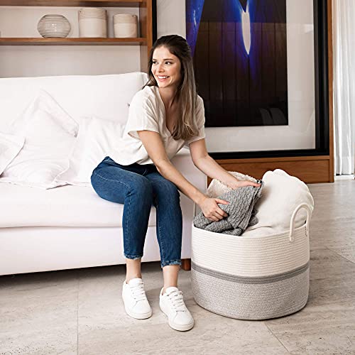 OrganiHaus Large Woven Storage Basket for Blankets and Toys 20" x 13" Inch, Rope Laundry Basket with Handles, Cushions & Pillows Storage Bin, Nursery Hamper, Soft Round Dog Toy Bin - Gray Stripe - color: Striped Gray, size: Wide