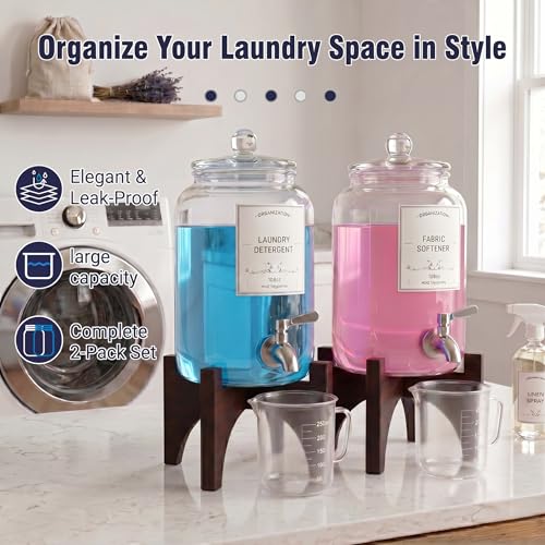 Glass Laundry Detergent Dispenser, 108oz (2 Pack) with Stainless Steel Faucet & Solid Wood Stand - Liquid Soap & Fabric Softener Container for Laundry Room Organization & Storage