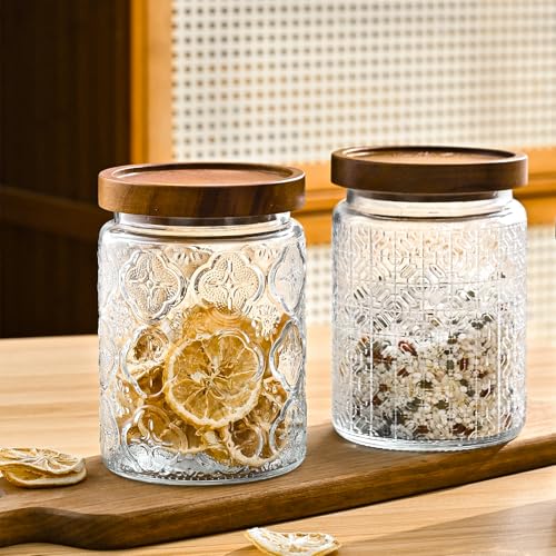 Adodeen 24oz Vintage Glass Canister With Lid Small Glass Jars Wide Mouth Mason Jars Airtight Coffee Canisters Kitchen Storage Containers For Sugar Tea Spice Flour Candy Cookie Cereal Cute Decorative - color: Window-24oz