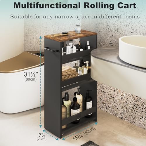 MARTY Rolling Storage Cart 7.9" W, 4-Tier Kitchen Cart with Wheels Handle, Slim Storage Cart Mobile Shelving Utility Carts for Bathroom Laundry Room Organization Narrow Places (Black) - color: Black, size: 7.9"D x 15.75"W x 31.5"H